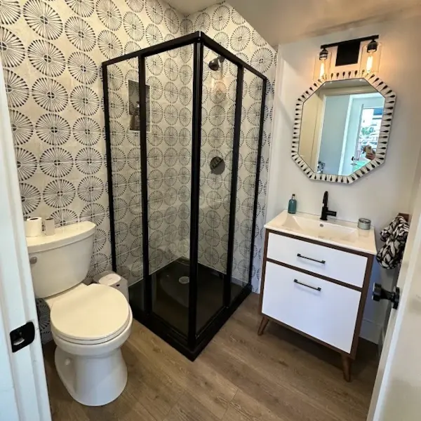 Pasadena pool house ADU — custom-tiled bathroom