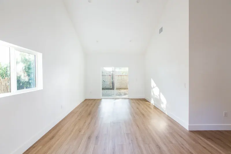 Modern Craftsman ADU — living room with 14-foot ceilings
