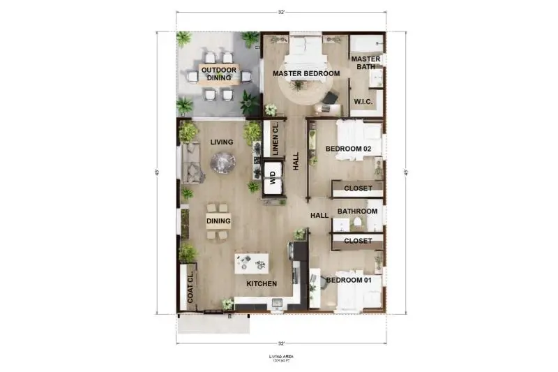 Modern Craftsman ADU floor plan — 1,200 sqft, 3 bed 2 bath