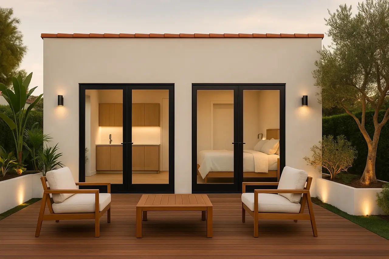 Garage Conversion + Addition — A garage conversion with bathroom addition — guest suite meets pool house.
