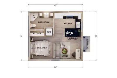 Straight garage conversion ADU — floor plan