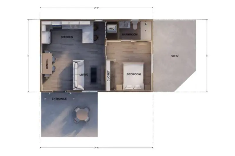 Pasadena farmhouse garage conversion floor plan — 600 sqft, 1 bed 1 bath