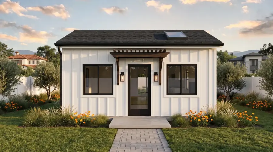 2-Car Garage Conversion Plan — exterior rendering of a CALI ADU Signature plan in Los Angeles