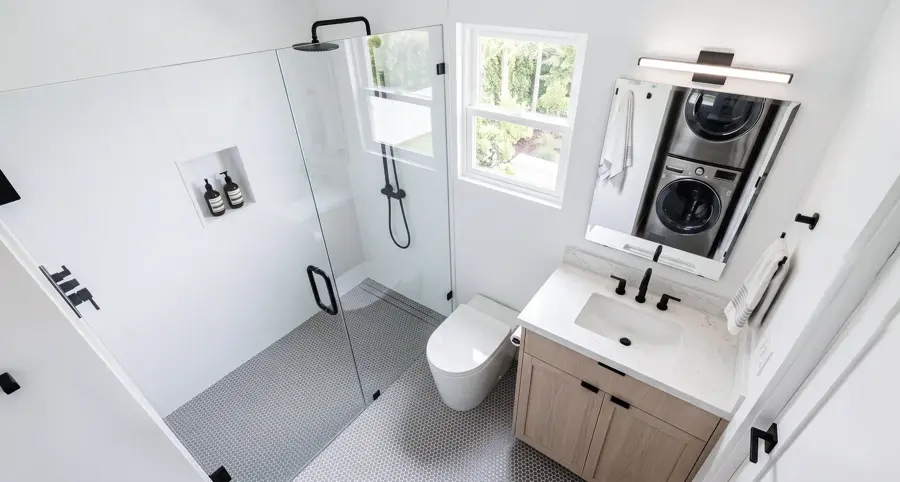 2-Car Garage Conversion Plan — interior bath, Los Angeles ADU rendering