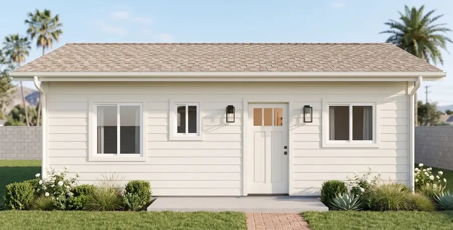 3-Car Garage Conversion Plan — exterior rendering of a CALI ADU Signature plan in Los Angeles