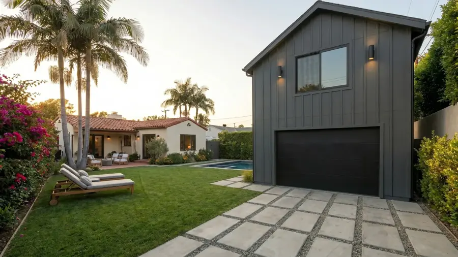 Garage + ADU Above — exterior backyard, Los Angeles ADU rendering