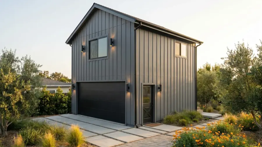 Garage + ADU Above — exterior three quarter, Los Angeles ADU rendering