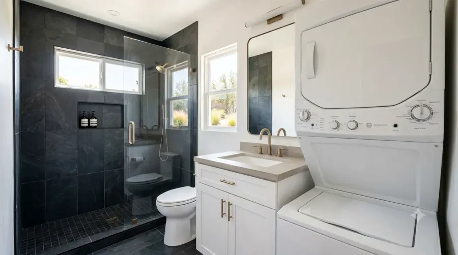 Garage + ADU Above — interior bath laundry, Los Angeles ADU rendering