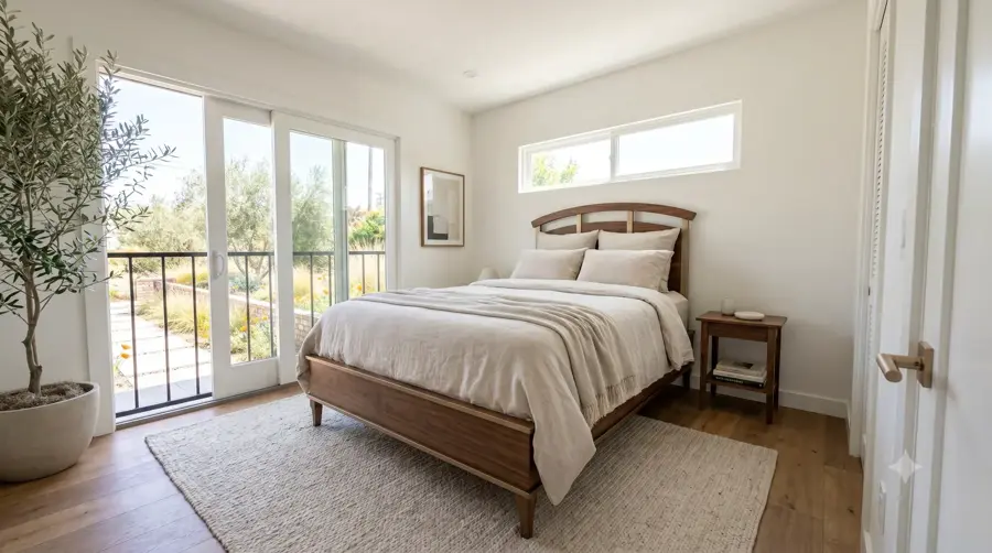Garage + ADU Above — interior bedroom balcony, Los Angeles ADU rendering