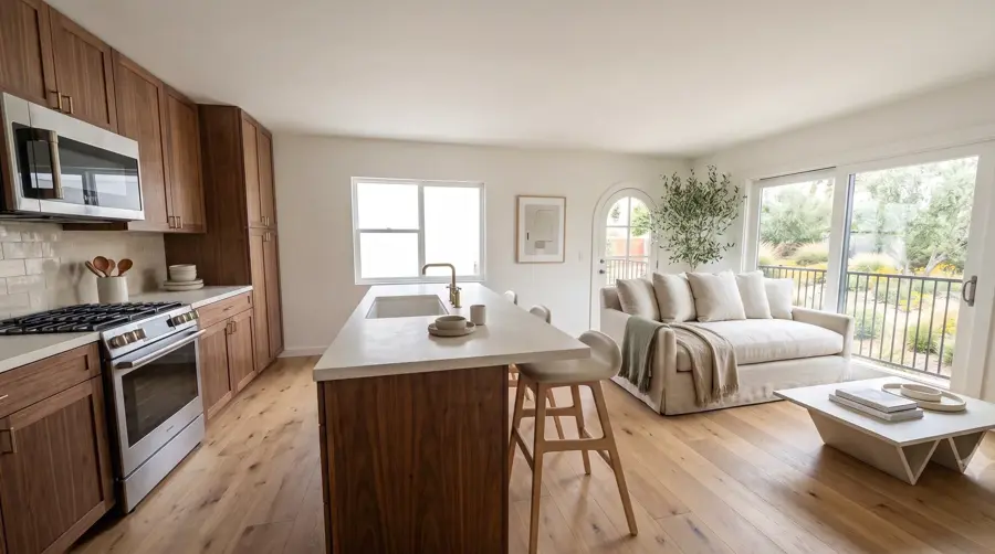 Garage + ADU Above — interior kitchen balcony, Los Angeles ADU rendering