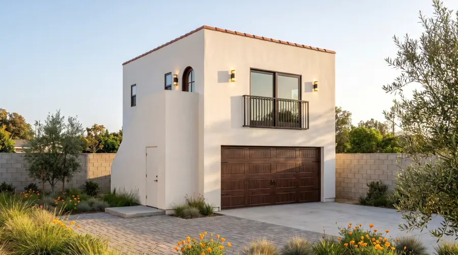 Garage + ADU Above — narrow front, Los Angeles ADU rendering
