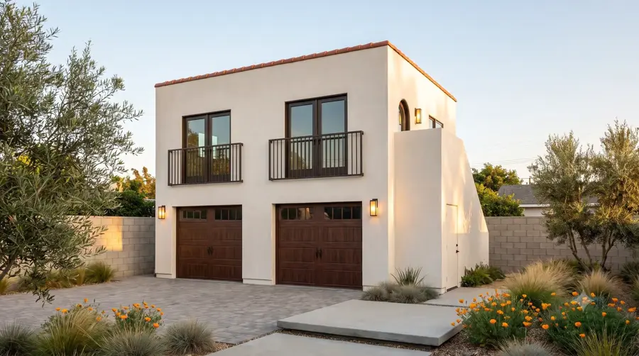 Garage + ADU Above — wide front, Los Angeles ADU rendering
