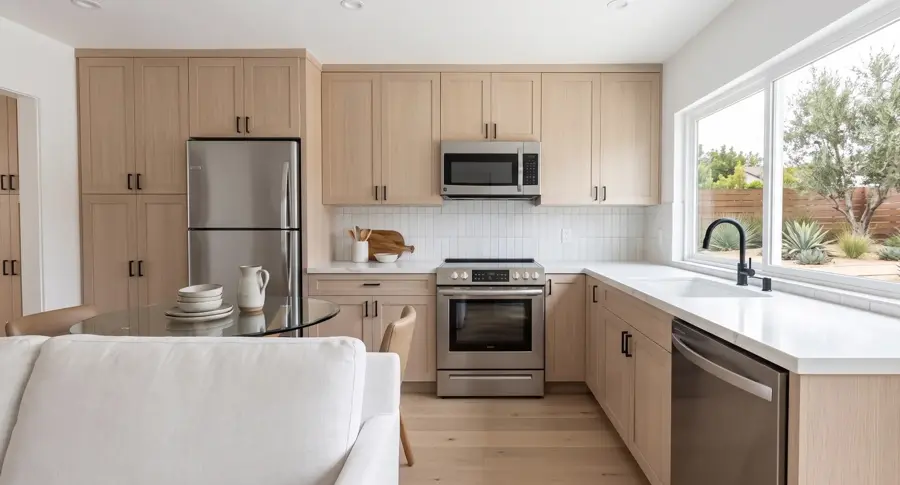 Garage Conversion + Small Addition — interior kitchen, Los Angeles ADU rendering