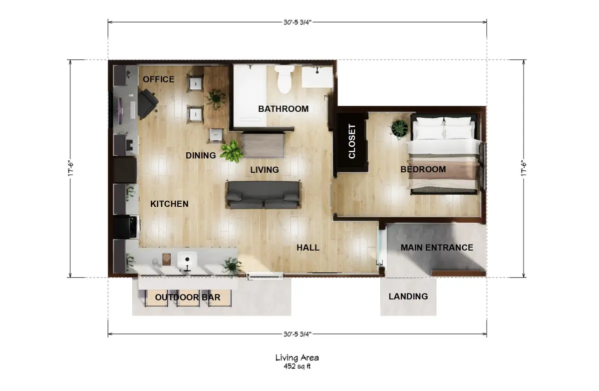 Spanish bungalow garage conversion floor plan — 470 sqft, 1 bed 1 bath