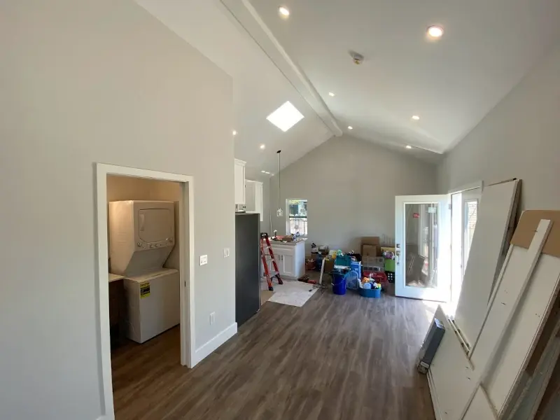 Northridge guest house ADU — living room with vaulted ceilings