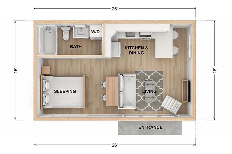 Northridge guest house ADU floor plan — 416 sqft studio