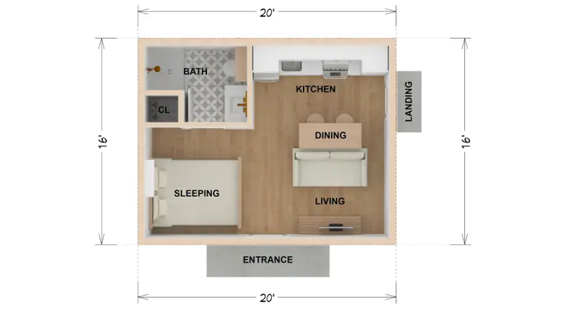 The Pico floor plan — 320 sqft