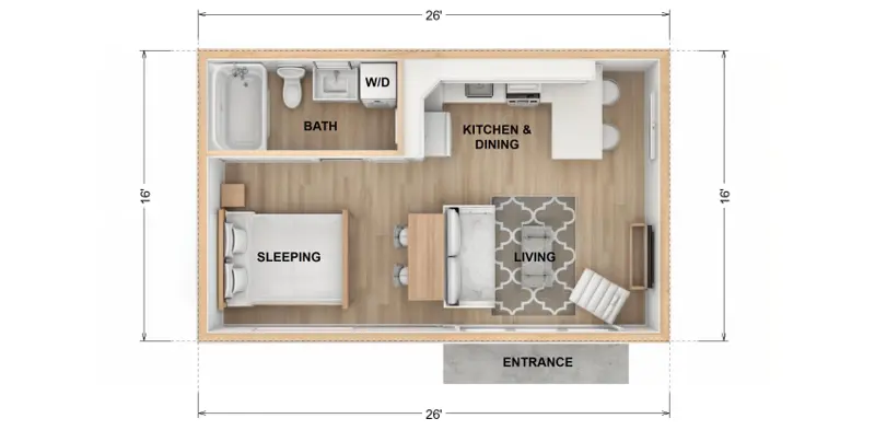 The Ventura floor plan — 416 sqft