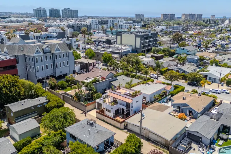 Wide aerial view of the West LA ADU in context — Mar Vista neighborhood with downtown LA skyline in the background