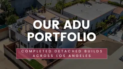 Completed detached ADU builds from the CALI ADU portfolio — Mediterranean two-story ADU with wraparound rooftop deck in West LA