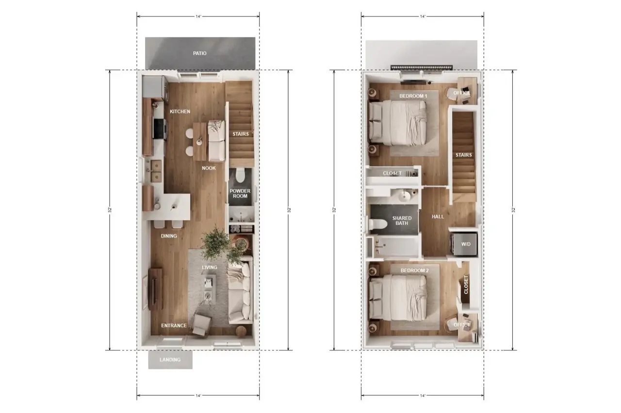 The Fairfax floor plan — 840 sqft, 2 bedroom
