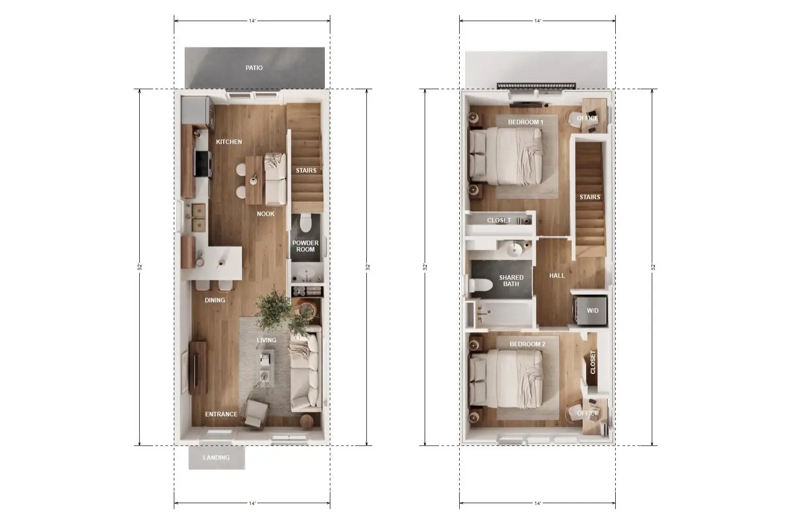 The Fairfax — 840 sq ft 2-bedroom ADU floor plan