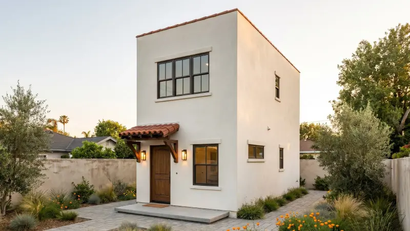 The Fairfax — two-story Spanish-style Signature Home ADU with a flat roof and clay-tile entry canopy in a Los Angeles backyard