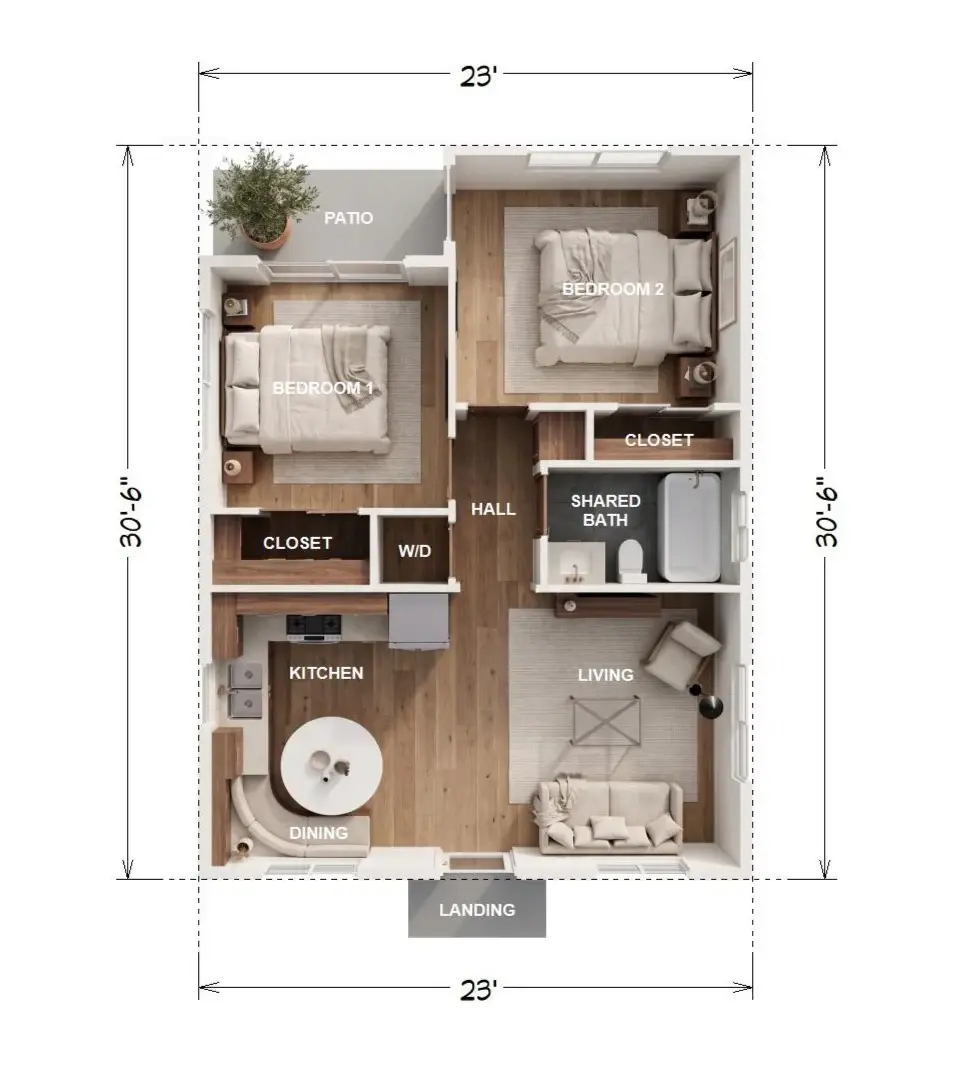 The Laurel Canyon floor plan — 660 sqft, 2 bedroom
