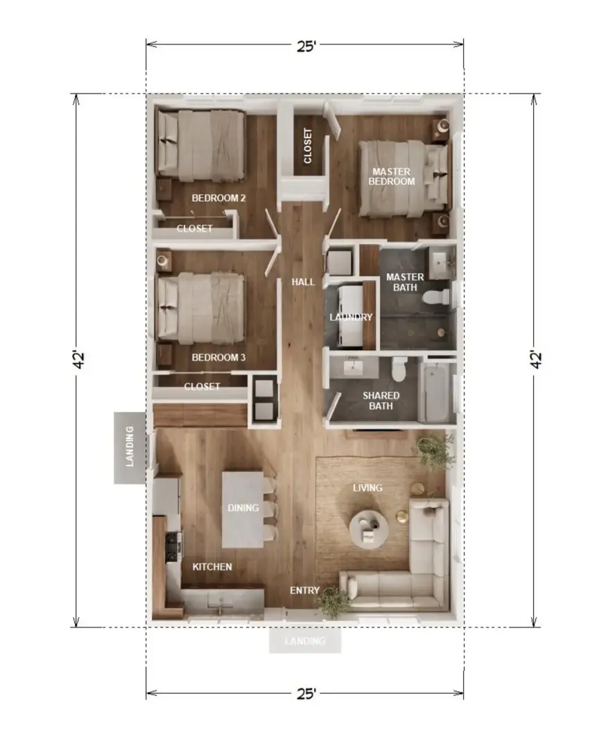 The Lincoln floor plan — 1000 sqft, 3 bedroom