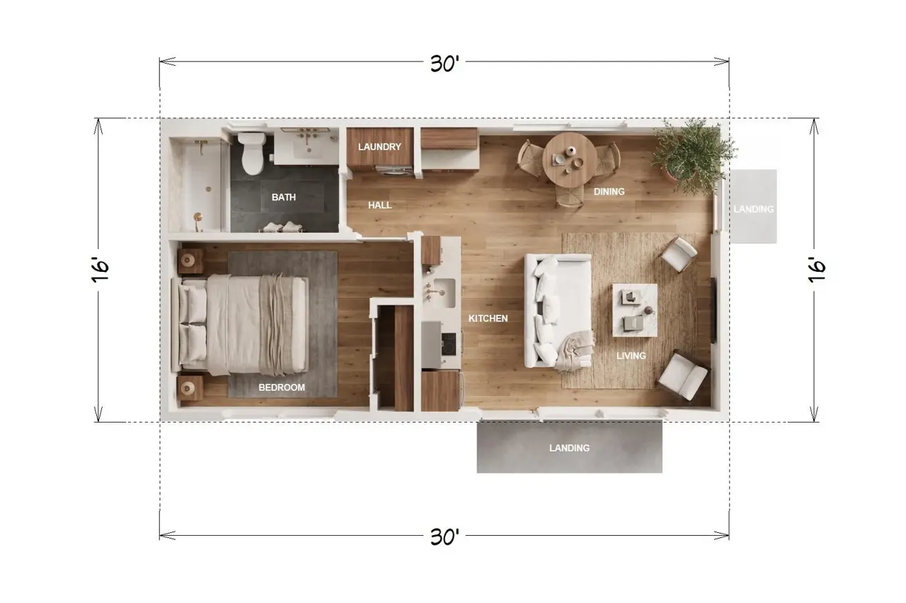 The Sunset floor plan — 480 sqft, 1 bedroom