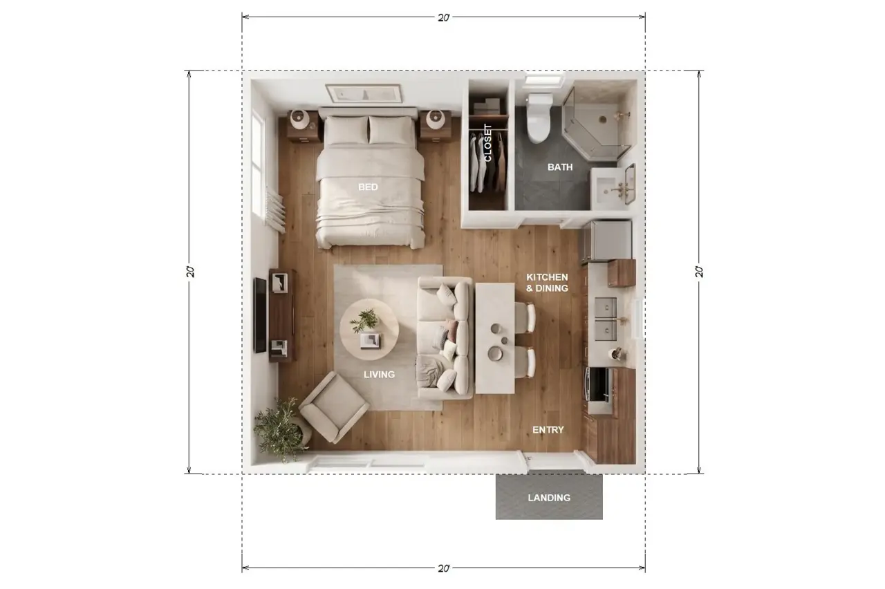The Wilshire floor plan — 400 sqft, studio