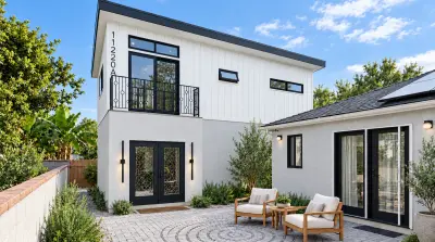 Culver City two-story ADU with a shed roof, board and batten upper floor, and stucco ground floor, facing a paver courtyard shared with the ranch-style main house