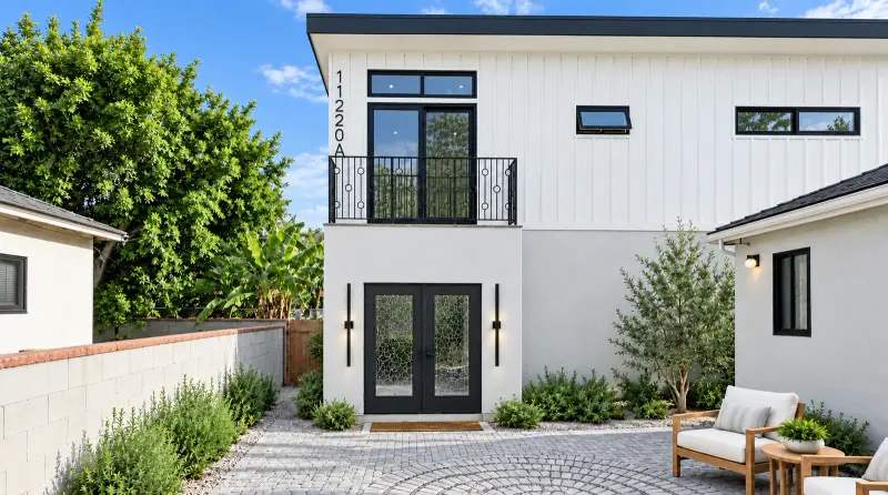 Entry of the Culver City two-story ADU with black-framed glass double doors, slim wall sconces, and a wrought iron balcony above
