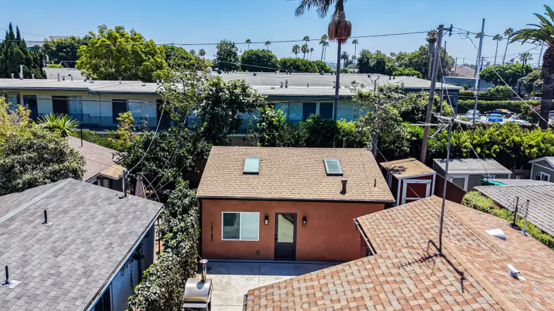 Aerial context view of the Mar Vista ADU in its 90066 neighborhood, set behind the main house at the rear of the lot