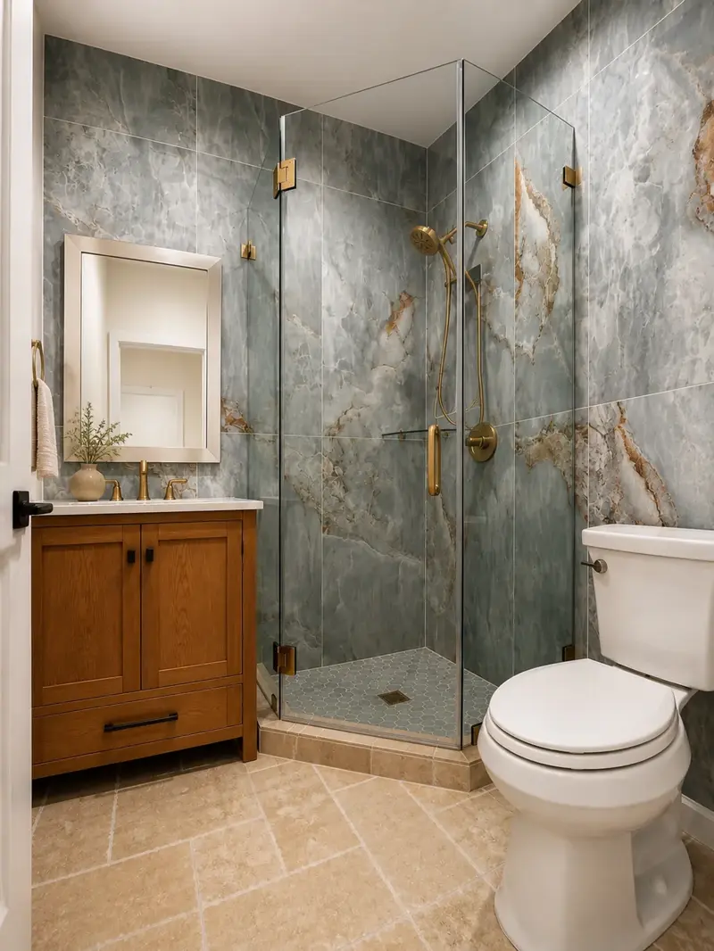 Second bathroom in the Van Nuys ADU with a frameless neo-angle corner shower clad in blue-grey and gold veined slab-look porcelain, brass fittings, and a white-oak vanity