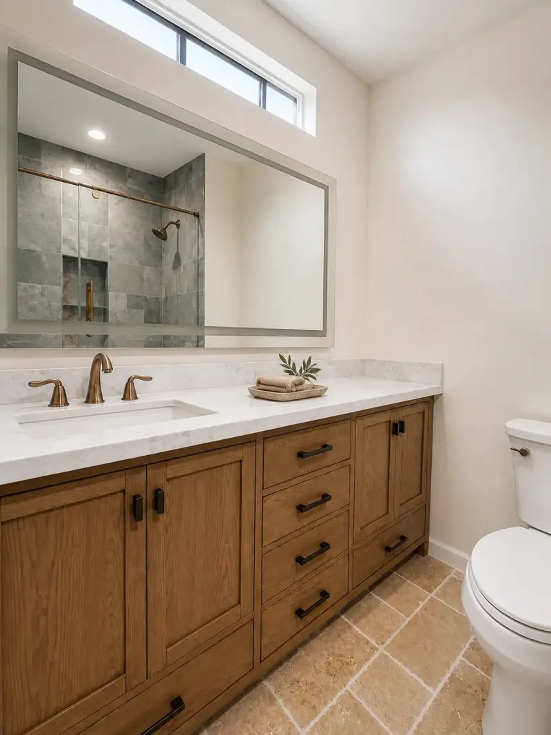 Van Nuys ADU bathroom with a long white-oak vanity, marble-look quartz top, aged-brass faucet, matte black pulls, framed mirror, and travertine-look floor tile