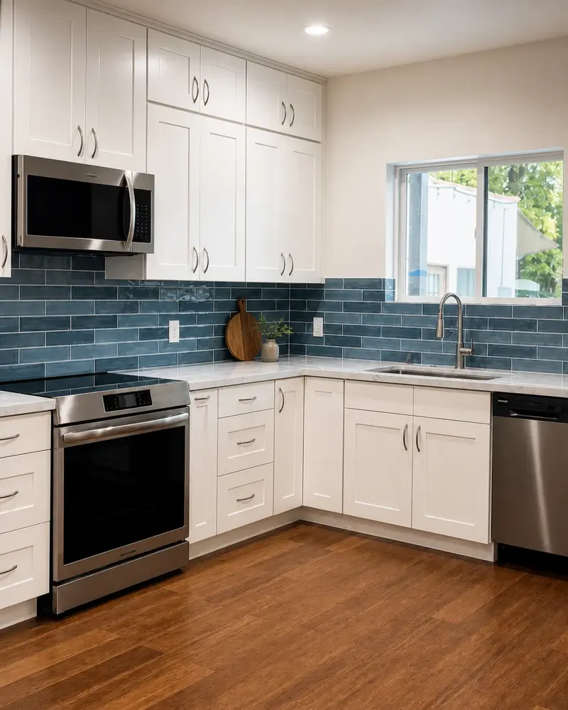 Deep blue-green glazed tile backsplash wrapping the work zone of the Van Nuys ADU kitchen, above marble-look quartz and white shaker cabinets