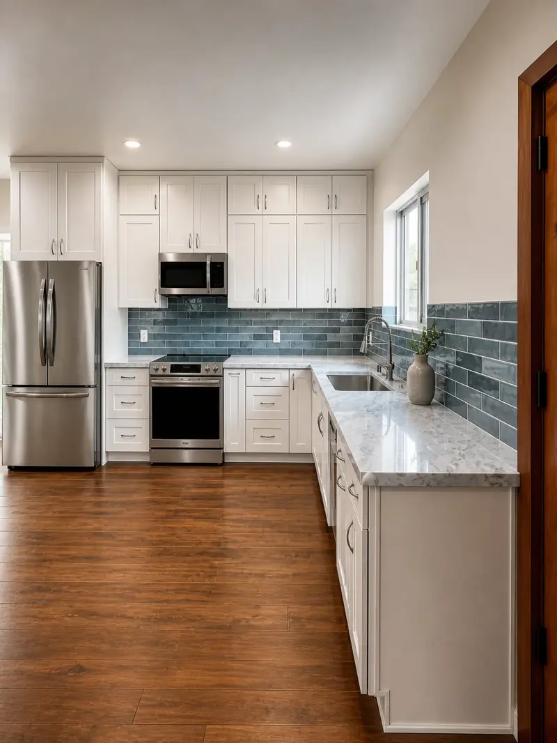 Marble-look quartz counter run and undermount sink in the Van Nuys ADU kitchen, with a window over the sink and cabinetry carried to the ceiling