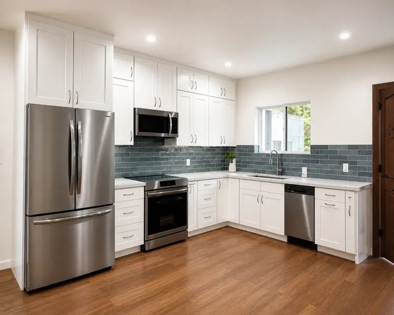Full kitchen in the Van Nuys ADU with white shaker cabinetry to the ceiling, blue-green glazed tile backsplash, marble-look quartz counters, and a stainless appliance suite