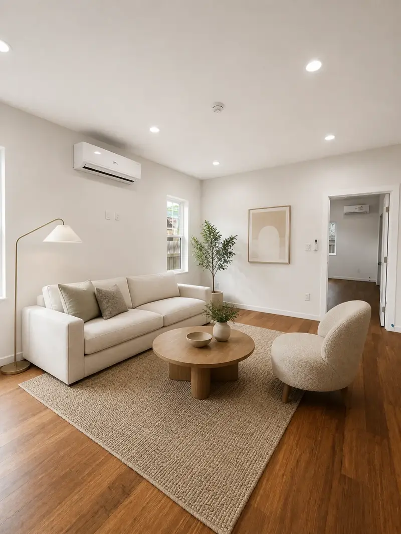 Open living area of the Van Nuys ADU, enlarged in the custom plan — recessed lighting, ductless mini-split, wood-plank floors, and a doorway through to the bedrooms