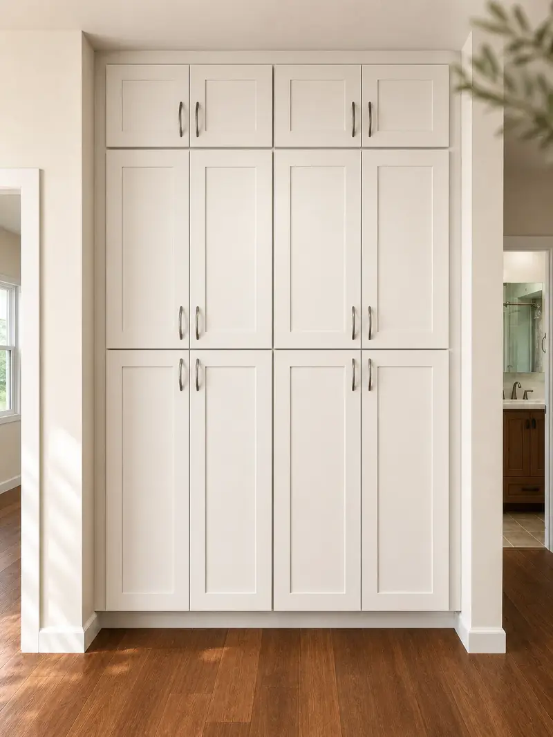 Floor-to-ceiling white shaker storage wall in the Van Nuys ADU hallway — twelve doors of cabinetry for a couple downsizing from a larger house