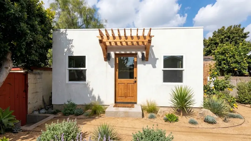 Front entry of the West LA HPOZ Wilshire ADU — solid wood door beneath a heavy timber trellis, flanked by large windows and black sconces