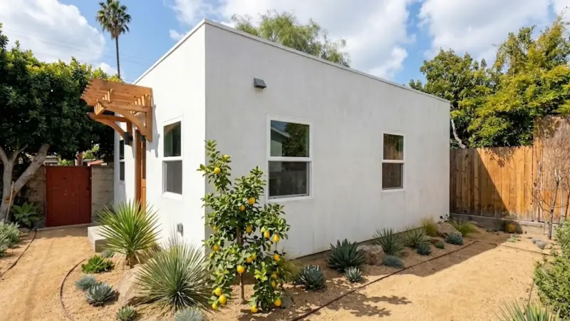 Rear and side elevation of the West LA HPOZ Wilshire ADU showing the clean stucco massing, flat parapet, and citrus-tree landscaping