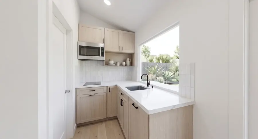 1-Car Garage Conversion Plan — interior kitchenette, Los Angeles ADU rendering