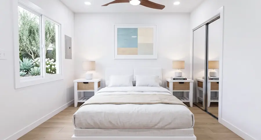2-Car Garage Conversion Plan — interior bedroom, Los Angeles ADU rendering