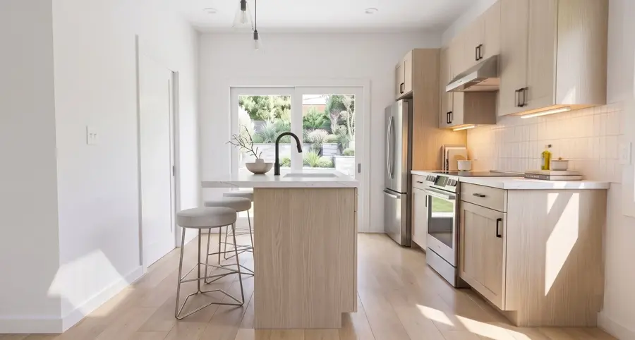2-Car Garage Conversion Plan — interior kitchen, Los Angeles ADU rendering