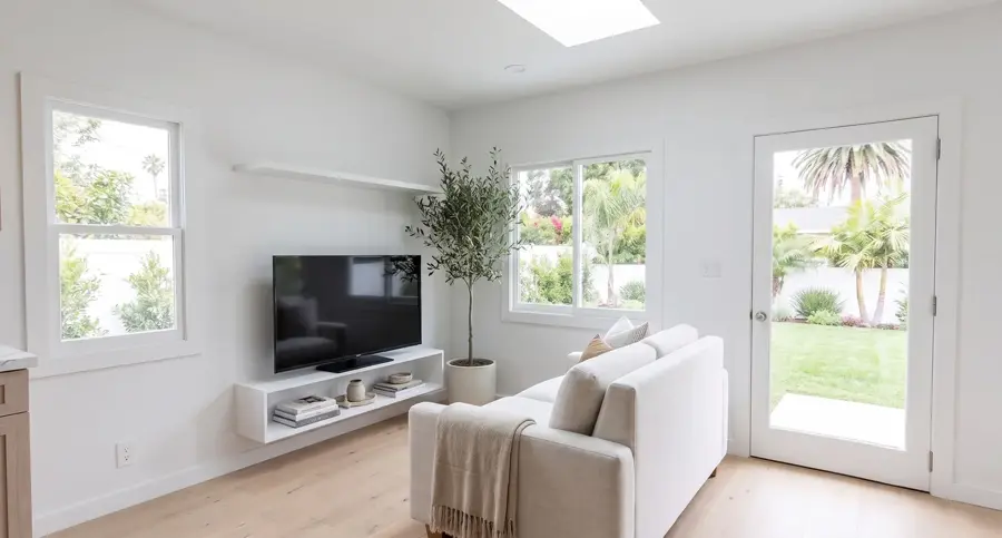 2-Car Garage Conversion Plan — interior living, Los Angeles ADU rendering