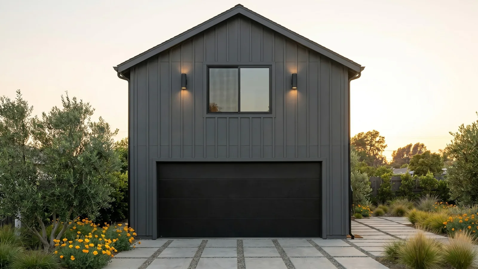 The Garage + ADU Above — a new two-car garage with a studio or one-bedroom home of roughly 440 to 500 sqft above it, the single-level garage-top configuration LVMC § 18.120.050.B.4 allows to 25 ft total in La Verne