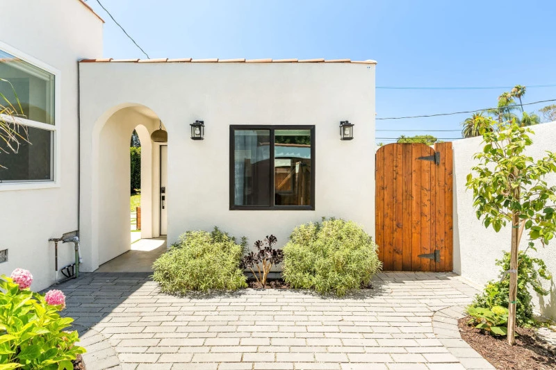Spanish bungalow garage conversion — front entrance in Jefferson Park