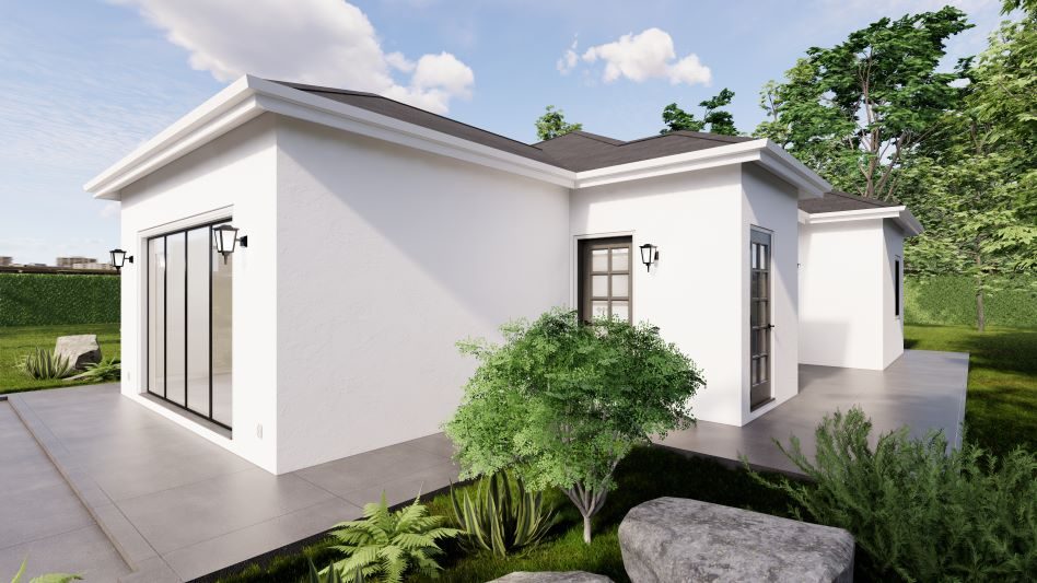 Pasadena Pool House ADU — two-story stucco-gable structure with accordion patio doors integrating with luxury pool deck